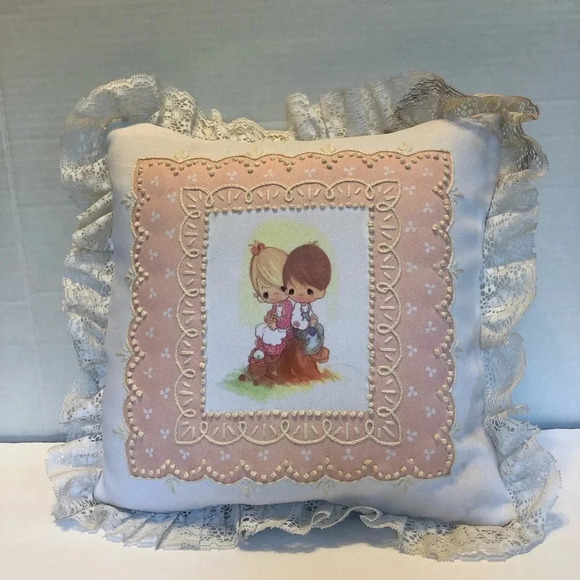 Vintage Precious Moments Decor Pillow White Lace Cottagecore - Picture 1 of 3